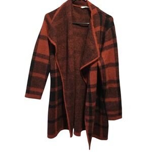 Soft Surroundings Plaid Shawl Cardigan Womens Size L Rust Black Knit Coat